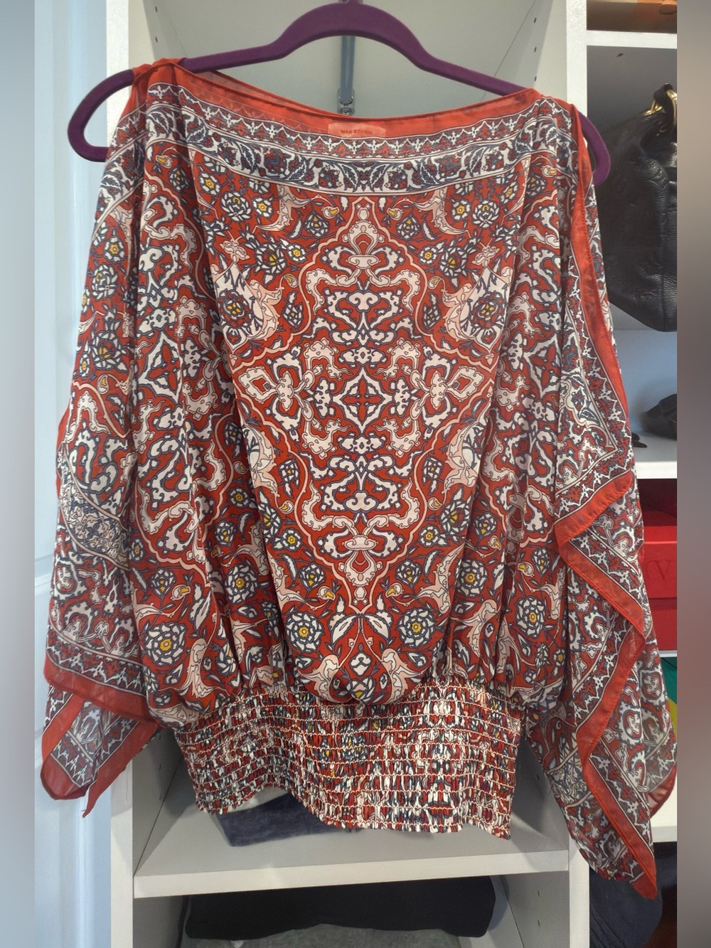 Max Studio Orange Red Paisley Boho Smocked Blouse Size Small
